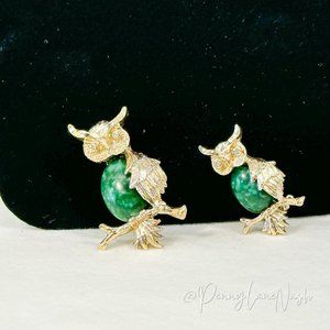 VTG Gerry's Green Marble Jelly Belly Gold Tone Owl Brooch Set Of 2